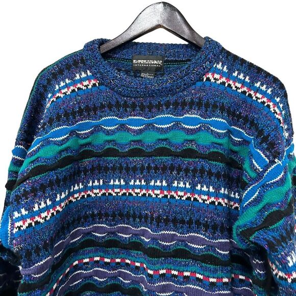 Expressions International Textured Knit Sweater Large Mens Blue Y2K Green - Picture 1 of 12